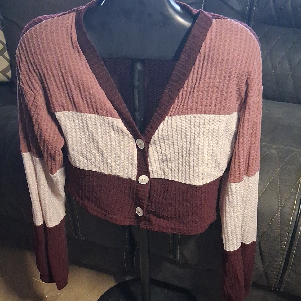 ROMWE Pink and White Button-Up Cardigan